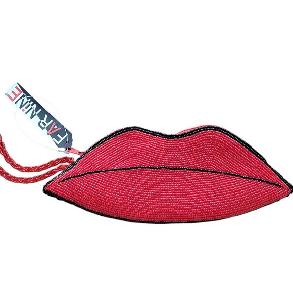 Far Nine Handbags - Red/Black Beaded Lips Shaped Wristlet/Clutch Purse Far Nine 10" x 4"